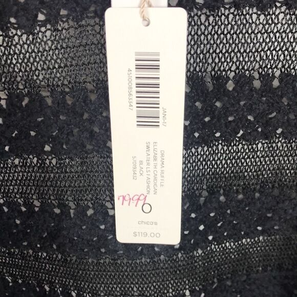 Chico’s Cardigan duster black Drama Ruffle Elizabeth Black sz 0 cotton Rayon NWT - Picture 4 of 6